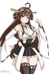  1girl ahoge black_legwear black_skirt boots brown_eyes brown_hair commentary_request cowboy_shot dated detached_sleeves double_bun frilled_skirt frills hairband headgear kantai_collection kongou_(kantai_collection) long_hair looking_at_viewer masara_(masalucky2010) pleated_skirt ribbon-trimmed_sleeves ribbon_trim skirt smile solo standing thigh-highs thigh_boots twitter_username 