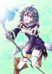  1girl black_gloves black_hair dress ebi_puri_(ebi-ebi) fire_emblem fire_emblem:_kakusei fire_emblem_heroes flag gloves holding holding_flag hood hood_down leg_up long_sleeves mark_(female)_(fire_emblem) mark_(fire_emblem) nintendo open_mouth short_dress short_hair solo violet_eyes white_legwear 