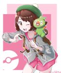  1girl absurdres backpack bag brown_eyes brown_hair creatures_(company) dress female_protagonist_(pokemon_swsh) game_freak gen_8_pokemon green_hat grimmelsdathird grookey hat highres holding holding_poke_ball hood hooded_sweater long_sleeves nintendo one_eye_closed open_mouth poke_ball pokemon pokemon_(creature) pokemon_(game) pokemon_on_shoulder pokemon_swsh short_hair sweater tam_o&#039;_shanter twitter_username 