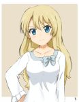  1girl alternate_costume blonde_hair blue_eyes blush bow collarbone contrapposto darjeeling girls_und_panzer hair_down hand_on_hip long_hair looking_at_viewer ma-2_(konkon_kitakitsune) pajamas signature simple_background sleepwear smile solo upper_body 