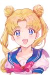  1girl :d bishoujo_senshi_sailor_moon blonde_hair blue_eyes blue_sailor_collar blush bow brooch collarbone double_bun inzup jewelry juuban_middle_school_uniform long_hair looking_at_viewer open_mouth red_bow sailor_collar school_uniform serafuku simple_background smile solo tsukino_usagi twintails upper_body white_background 