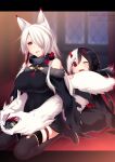  2girls :d animal animal_ears bangs bare_shoulders black_legwear blurry blurry_background blush boots breasts cape claws collar dress eyebrows_visible_through_hair fur_trim hair_over_one_eye horns indoors kneeling konshin large_breasts long_hair looking_at_viewer motion_lines multicolored_hair multiple_girls one_eye_closed open_mouth pixiv_fantasia pixiv_fantasia_last_saga red_eyes slit_pupils smile solo tail tail_hug tail_wagging tattoo thigh-highs torn_cape torn_clothes two-tone_hair 
