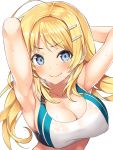  1girl ahoge armpits arms_up bangs blonde_hair blue_eyes blush breasts cleavage closed_mouth collarbone commentary_request covered_nipples eyebrows_visible_through_hair hachimiya_meguru hair_between_eyes hair_ornament hairclip highres idolmaster idolmaster_shiny_colors inuzumi_masaki large_breasts long_hair looking_at_viewer low_twintails simple_background smile solo steam sweatdrop twintails wet white_background 