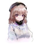  1girl aa-12_(girls_frontline) bangs beret black_hat brown_hair closed_mouth commentary dokomon english_commentary eyebrows_visible_through_hair girls_frontline hair_between_eyes hat highres hood hood_down hooded_jacket jacket long_hair looking_at_viewer mouth_hold red_eyes simple_background solo turtleneck upper_body white_background white_jacket 