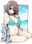  1girl barefoot beach bikini blue_bikini breasts brown_hair cleavage collarbone drawstring fang full_body green_eyes grey_jacket hair_ornament hairclip highres hood hooded_jacket hoodie jacket large_breasts looking_at_viewer navel open_mouth saki saki_achiga-hen shisoneri short_hair sitting solo swimsuit tsuruta_himeko yokozuwari 