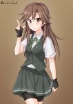  1girl anti_(untea9) arashio_(kantai_collection) bike_shorts black_gloves black_vest breasts brown_background brown_eyes brown_hair commentary_request cosplay cowboy_shot eyebrows_visible_through_hair fingerless_gloves gloves green_ribbon highres index_finger_raised kagerou_(kantai_collection) kagerou_(kantai_collection)_(cosplay) kantai_collection long_hair looking_at_viewer neck_ribbon ribbon school_uniform shirt short_sleeves simple_background small_breasts smile solo twitter_username vest white_shirt 