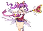  1girl :d aisha_(elsword) back_bow bare_legs bow breasts cleavage dimension_witch_(elsword) elsword gloves hair_ornament highres holding holding_wand leg_up long_hair magical_girl medium_breasts microskirt official_art open_mouth outstretched_arm purple_hair purple_skirt ress shiny shiny_skin skirt smile solo staff star transparent_background twintails violet_eyes wand white_gloves 