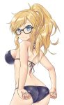  1girl aimobake arched_back ass back bare_arms bare_shoulders bikini black-framed_eyewear black_bikini blonde_hair blue_eyes breasts closed_mouth cowboy_shot from_behind glasses highres idolmaster idolmaster_cinderella_girls long_hair looking_at_viewer looking_back medium_breasts messy_hair ootsuki_yui sidelocks simple_background smile solo standing swimsuit white_background 