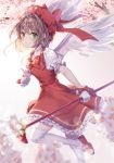  1girl :d angel_wings antenna_hair bangs blurry blurry_foreground blush bow brown_hair card_captor_sakura cherry_blossoms depth_of_field dress eyebrows_visible_through_hair from_above gloves gradient gradient_background green_eyes grey_background grin hair_bow hair_intakes hat holding holding_wand index_finger_raised kinomoto_sakura leg_up looking_at_viewer looking_to_the_side magic_circle open_mouth pinafore_dress puffy_short_sleeves puffy_sleeves red_bow red_dress red_footwear red_hat roang shirt shoes short_hair short_sleeves smile solo standing standing_on_one_leg teeth thigh-highs wand white_bow white_gloves white_legwear white_shirt white_wings wings 