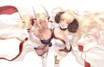  2girls :d absurdres ahoge anila_(granblue_fantasy) bangs bare_shoulders belt black_panties black_skirt blonde_hair blunt_bangs blush breasts cait cleavage collarbone dark_skin draph earrings eyebrows eyebrows_visible_through_hair fur_trim gloves granblue_fantasy highleg highleg_panties highres horns huge_filesize jewelry kuvira_(granblue_fantasy) large_breasts long_hair long_sleeves looking_at_viewer multiple_girls necklace open_mouth paid_reward panties parted_bangs patreon_reward pleated_skirt pointy_ears sheep_horns short_shorts shorts simple_background skirt smile standing thigh-highs underwear very_long_hair white_background white_legwear wide_sleeves yellow_eyes zettai_ryouiki 