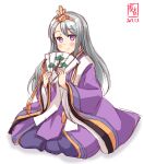  1girl alternate_costume artist_logo blush cowboy_shot crown dated eyebrows_visible_through_hair fan folding_fan hair_between_eyes hakama highres hina_ningyou japanese_clothes kanon_(kurogane_knights) kantai_collection kimono long_hair long_sleeves looking_at_viewer purple_hakama purple_kimono sagiri_(kantai_collection) saishi signature silver_hair simple_background sitting smile solo violet_eyes wariza white_background wide_sleeves 