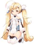  1girl :&lt; absurdres ahoge azur_lane bangs blonde_hair blush breasts brown_footwear character_name closed_mouth collarbone commentary_request detached_sleeves dress eldridge_(azur_lane) eyebrows_visible_through_hair fur-trimmed_boots fur_trim hair_ornament hairclip highres long_hair long_sleeves okappa_(bobbed001) puffy_long_sleeves puffy_sleeves red_eyes sidelocks simple_background sleeves_past_wrists small_breasts solo thigh-highs twintails very_long_hair white_background white_dress white_legwear white_sleeves 