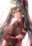  1girl bare_shoulders bloom blush detached_sleeves green_eyes green_hair grey_shirt hair_ornament hand_on_own_arm hatsune_miku highres long_hair looking_at_viewer narami necktie shirt sleeveless sleeveless_shirt smile twintails upper_body very_long_hair vocaloid 