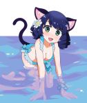  1girl animal_ears bikini blue_eyes blue_hair breasts cat_ears cat_girl cat_tail cleavage commentary_request curly_hair cute cyan_(show_by_rock!!) drill_hair highres looking_at_viewer partially_submerged ringlets show_by_rock!! showers-u smile solo swimsuit tail underwater 