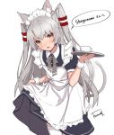  1girl :d alternate_costume amatsukaze_(kantai_collection) animal_ear_fluff animal_ears apron blush bow bowtie brown_eyes cat_ears commentary_request cowboy_shot cuffs cup dress dress_lift enmaided grey_neckwear hair_tubes holding holding_tray kantai_collection lifted_by_self long_hair looking_at_viewer maid maid_apron open_mouth signature silver_hair simple_background smile solo takanashi_kei_(hitsujikan) teacup thigh-highs tray two_side_up white_background white_legwear windsock 