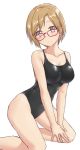  1girl aiba_yumi aimobake bangs bare_arms bare_legs bare_shoulders black_swimsuit blush breasts brown_eyes brown_hair cleavage closed_mouth collarbone commentary_request feet_out_of_frame glasses head_tilt highres idolmaster idolmaster_cinderella_girls kneeling large_breasts looking_at_viewer looking_over_eyewear one-piece_swimsuit parted_bangs red-framed_eyewear short_hair sidelocks simple_background smile solo swimsuit thighs white_background 