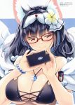  1girl absurdres alternate_hair_color animal_ear_fluff animal_ears bangs bare_shoulders bead_necklace beads bikini black_bikini_top black_hair blunt_bangs blush breasts cellphone cleavage cloak cross-laced_clothes eyebrows_visible_through_hair fate/grand_order fate_(series) flower fox_ears fox_girl glasses glint hair_flower hair_ornament hairband half-closed_eyes hands_up highres holding holding_cellphone holding_phone hood hood_down hooded_cloak jewelry lady_foxy large_breasts long_hair looking_at_viewer low_twintails magatama magatama_necklace multi-strapped_bikini natsume_eri necklace osakabe-hime_(fate/grand_order) phone purple_hair rectangular_eyewear red-framed_eyewear red_eyes scan self_shot smartphone smartphone_case smile solo swimsuit taking_picture translation_request twintails white_cloak white_hairband 