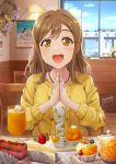  10s 1girl artist_name bangs birthday cake chair clouds cloudy_sky commentary_request cup dated day drinking_glass eyebrows_visible_through_hair food highres jacket jewelry juice kunikida_hanamaru kurosawa_dia kurosawa_ruby light_brown_hair long_hair long_sleeves looking_at_viewer love_live! love_live!_sunshine!! necklace poster_(object) sakurauchi_riko shamakho sidelocks signature sky solo table window yellow_eyes 