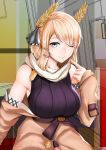  1girl absurdres alternate_costume azur_lane bangs bare_shoulders black_sweater blonde_hair blue_eyes breasts brown_coat buttons closed_mouth coat coat_dress finger_to_mouth hair_ornament hair_ribbon hairclip highres indoors large_breasts laurel_crown long_hair looking_at_viewer off_shoulder one_eye_closed ribbed_sweater ribbon ryuzaki_71 scarf sidelocks sitting smile solo sweater sweater_vest very_long_hair victorious_(azur_lane) 
