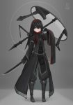  1girl absurdres belt black_coat black_eyes black_footwear black_legwear coat dagger hair_between_eyes hairband highres holding holding_dagger holding_sword holding_weapon jewelry jiang1274 long_hair long_sleeves necklace original polearm portal_(object) red_hairband solo spear standing sword tight turtleneck weapon weapon_on_back 