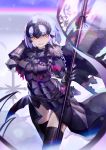  1girl armor armored_dress bangs banner black_capelet black_dress black_legwear breasts capelet chains dress fate/grand_order fate_(series) flag fur_collar gauntlets hand_up headpiece holding holding_flag jeanne_d&#039;arc_(alter)_(fate) jeanne_d&#039;arc_(fate)_(all) large_breasts lavender_hair orange_eyes shiimo short_hair smile solo thigh-highs thigh_gap thighs torn_clothes 