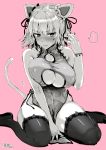  1girl animal_ears bare_shoulders black_legwear blush breasts cat_ears cat_tail china_dress chinese_clothes cleavage cleavage_cutout commentary_request dress erect_nipples fake_animal_ears fate/grand_order fate_(series) hair_ribbon jeanne_d&#039;arc_(alter)_(fate) jeanne_d&#039;arc_(fate)_(all) kojima_saya large_breasts monochrome no_panties pelvic_curtain ribbon seiza short_hair sitting tail thigh-highs 