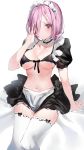  1girl alternate_costume apron arm_support black_bikini_top black_skirt blush breasts choker cleavage closed_mouth collarbone detached_sleeves enmaided fate/grand_order fate_(series) frilled_choker frills front-tie_bikini front-tie_top hair_over_one_eye hand_up highres large_breasts looking_at_viewer maid maid_apron maid_headdress mash_kyrielight miniskirt navel puffy_short_sleeves puffy_sleeves purple_hair short_hair short_sleeves sitting skirt solo stomach thigh-highs violet_eyes white_background white_legwear yuuko_(030_yuko) zettai_ryouiki 