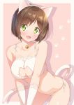  1girl :d animal_ears bare_shoulders bell blush bra breasts brown_hair cat_cutout cat_ears cat_lingerie cat_tail choker cleavage cleavage_cutout collarbone cowboy_shot drop_shadow fake_animal_ears fang frills gloves green_eyes hairband head_tilt highres ichi_makoto idolmaster idolmaster_cinderella_girls jingle_bell leaning_forward looking_at_viewer maekawa_miku medium_breasts meme_attire open_mouth panties paw_background pink_background short_hair side-tie_panties smile solo standing stomach tail two-tone_background underwear v_arms white_background white_bra white_choker white_gloves white_panties 
