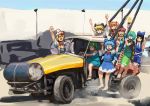  6+girls :d absurdres american_flag_dress antennae aqua_hair barefoot black_dress black_hair blonde_hair blue_bow blue_dress blue_eyes blue_sky blush_stickers bow bowtie brown_eyes butterfly_wings car chanta_(ayatakaoisii) cirno closed_mouth clownpiece collared_shirt commentary commentary_request daiyousei day dress driving dust eternity_larva fairy_wings gachimuchi green_dress green_hair ground_vehicle hair_bow hair_ornament hand_up hat hat_bow highres ice ice_wings leaf leaf_on_head lily_white long_hair looking_at_viewer luna_child motor_vehicle multicolored multicolored_clothes multicolored_dress multiple_girls one_side_up open_mouth orange_hair outdoors parody red_bow red_neckwear revision sanpaku shirt short_sleeves sitting sketch sky smile standing star_sapphire sunny_milk sweatdrop touhou twintails v white_dress white_footwear white_hat white_shirt wide-eyed wings 