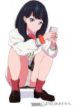  black_hair blue_eyes bow bowtie cardigan cellphone full_body highres long_sleeves looking_at_viewer miniskirt panties pantyshot parted_lips phone pleated_skirt red_bow school_uniform scrunchie simple_background skirt slav_squatting smartphone squatting ssss.gridman takarada_rikka underwear upskirt white_background white_panties 