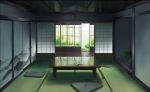  absurdres book cushion day highres indoors kyarage_(soda) landscape light no_humans open_book original path plant potted_plant reflection road scenery shouji sliding_doors table tatami 