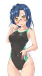  1girl aimobake bare_arms bare_shoulders black_swimsuit blue_hair blush braid breasts collarbone commentary_request competition_swimsuit covered_navel glasses gluteal_fold groin hand_up head_tilt highres idolmaster idolmaster_million_live! long_hair looking_at_viewer looking_over_eyewear medium_breasts nanao_yuriko one-piece_swimsuit parted_lips red-framed_eyewear semi-rimless_eyewear sidelocks simple_background smile solo standing swimsuit thigh_gap thighs under-rim_eyewear white_background yellow_eyes 