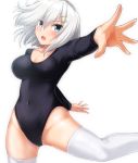  1girl alternate_costume alternate_legwear ballet black_leotard blue_eyes blush breasts cleavage collarbone eyes_visible_through_hair groin hair_between_eyes hair_ornament hairclip hamakaze_(kantai_collection) highleg indoors kantai_collection leotard lips long_sleeves looking_at_viewer medium_breasts open_mouth reaching_out short_hair silver_hair simple_background solo thigh-highs thighs upper_body white_background white_legwear zanntetu 