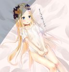  1girl abigail_williams_(fate/grand_order) bangs bed_sheet black_bow blonde_hair blue_bow blue_eyes blush bow choker collarbone eyebrows_visible_through_hair fate/grand_order fate_(series) forehead hair_bow highres long_hair looking_away looking_to_the_side lying naked_shirt navel off-shoulder_shirt off_shoulder on_back orange_bow parted_bangs parted_lips sakazakinchan see-through shirt shirt_tug short_sleeves solo tears translation_request very_long_hair white_shirt 