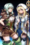  2girls arrow bangs belt black_belt black_bow black_gloves black_legwear blonde_hair blue_eyes blush boots bow breasts brown_hood brown_shorts capelet commentary_request dress elf fantasy feet_out_of_frame gesogeso gloves goblin_slayer! green_eyes green_hair hair_between_eyes hair_bow hand_on_hip hat high_elf_archer_(goblin_slayer!) highres holding holding_staff hood knife long_hair long_sleeves looking_at_viewer medium_breasts multiple_girls night night_sky pointy_ears priestess_(goblin_slayer!) shorts sidelocks sky sleeveless small_breasts smile staff standing thigh-highs thigh_boots weapon white_legwear wide_sleeves 