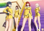  4girls agent_aika aika_(series) anak-ng-tinapay artist_logo artist_name bangs bianca_(agent_aika) black_eyes blue_hair bobby_socks breasts brown_eyes brown_hair cleavage cleavage_cutout closed_mouth commentary_request covered_navel delmogeny_uniform dress earrings expressionless golden_delmo hair_intakes hand_on_hip high_heels indoors jewelry juliet_sleeves large_breasts lipstick long_hair long_sleeves looking_at_viewer makeup medium_breasts multiple_girls panties pantyshot pantyshot_(standing) parted_bangs petoriyacowa_rie pink_lips puffy_sleeves redhead sania_(agent_aika) short_hair silver_hair small_breasts smile socks stairs standing taut_clothes thighs tonia underwear uniform white_legwear white_panties yellow_dress yellow_footwear 