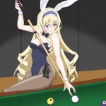  1girl animal_ears blonde_hair blue_eyes blue_hairband blush breasts bunny_girl bunnysuit cecilia_alcott cue_stick detached_collar drill_hair hairband highres infinite_stratos long_hair maruze_circus pantyhose pool_table rabbit_ears solo wrist_cuffs 