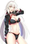  1girl ahoge arikawa_rui bangs bikini black_bikini black_jacket breasts choker cleavage commentary_request cowboy_shot day eyebrows_visible_through_hair fate/grand_order fate_(series) gloves hair_between_eyes highres jacket jeanne_d&#039;arc_(alter_swimsuit_berserker) jeanne_d&#039;arc_(fate)_(all) large_breasts long_hair looking_at_viewer o-ring shrug_(clothing) simple_background solo swimsuit white_background yellow_eyes 