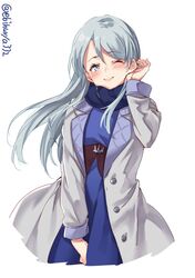  1girl alternate_costume blue_dress dress ebifurya eyebrows_visible_through_hair grey_coat hair_between_eyes highres kantai_collection long_hair one_eye_closed open_mouth sagiri_(kantai_collection) silver_hair simple_background smile twitter_username violet_eyes white_background 