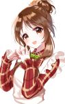 1girl :d apron bangs blush bow bowtie brown_eyes brown_hair collared_shirt eyebrows_visible_through_hair green_neckwear hair_bun hands_up head_tilt highres idolmaster idolmaster_cinderella_girls long_hair misumi_(macaroni) open_mouth plaid plaid_shirt red_shirt shirt sidelocks simple_background smile solo steepled_fingers takamori_aiko upper_body white_apron white_background