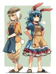  +++ 2girls animal_ears apron bandanna blonde_hair bloomers blue_dress blue_hair blush brown_hat bunny_tail circle collarbone commentary_request crescent dress eyebrows_visible_through_hair flat_cap floppy_ears frills full_body hair_between_eyes hands_on_hips hat highres multiple_girls orange_shirt pants rabbit_ears red_eyes ringo_(touhou) sandals see-through seiran_(touhou) shirt short_hair short_sleeves shorts simple_background smile star tail touhou underwear yellow_pants yudepii 