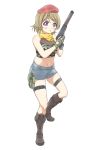  1girl blush boots brown_footwear brown_hair camouflage cutout denim denim_shorts fingerless_gloves full_body gloves green_gloves grey_shorts gun hat highres holding holding_gun holding_weapon knee_boots koizumi_hanayo looking_at_viewer love_live! love_live!_school_idol_project midriff navel parted_lips red_hat scarf short_hair short_shorts shorts simple_background sleeves solo stance standing stomach tetopetesone thigh_strap violet_eyes weapon white_background yellow_scarf 