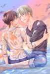  2boys black_hair blue_eyes brown_eyes clouds cloudy_sky collared_shirt denim eye_contact fujioka_(fujioka_pandora) hand_on_another&#039;s_face highres jeans katsuki_yuuri looking_at_another male_focus multiple_boys pants partially_submerged shirt silver_hair sitting sky sleeves_rolled_up smile sunset viktor_nikiforov water wet wet_clothes yaoi yuri!!!_on_ice 