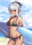  1girl armband bikini breasts choker cleavage closed_mouth clouds cloudy_sky contrapposto cowboy_shot dark_elf day earrings elf eyebrows_visible_through_hair jewelry large_breasts long_hair original outdoors pointy_ears ponytail red_eyes saiste side-tie_bikini silver_hair sky smile solo striped striped_bikini surfboard swimsuit 