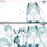  &gt;_&lt; 2boys 4girls \n/ absurdres arms_up bare_shoulders battery_indicator blurry bow closed_eyes commentary cosplay depth_of_field detached_sleeves hair_bow hair_ornament hairclip hands_on_hips hatsune_miku hatsune_miku_(cosplay) highres kagamine_len kagamine_rin kaito long_hair megurine_luka meiko monochrome motion_blur multiple_boys multiple_girls necktie photo recording short_hair skirt smile star sunglasses timestamp upper_body upside-down v very_long_hair viewfinder vocaloid yen-mi |_| 