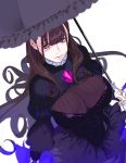  bangs breasts brown_hair dress fate/grand_order fate_(series) jewelry large_breasts light_smile long_hair murasaki_shikibu_(fate) pako simple_background sleeves_past_wrists umbrella very_long_hair violet_eyes white_background 
