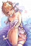  1girl bangs bare_shoulders blonde_hair blue_eyes blush breasts bridal_veil cleavage collarbone dress europa_(granblue_fantasy) eyebrows_visible_through_hair flower glint granblue_fantasy hair_between_eyes hair_flower hair_ornament highres looking_at_viewer medium_breasts mizuiro_raika open_mouth rose short_hair sitting smile solo tiara veil white_dress 