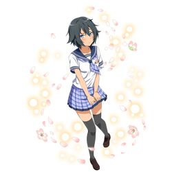  1girl black_hair blue_eyes blue_sailor_collar blue_skirt blush brown_footwear full_body grey_legwear hair_between_eyes highres loafers looking_at_viewer miniskirt neckerchief official_art philia_(sao-alo) plaid plaid_skirt pleated_skirt sailor_collar school_uniform serafuku shiny shiny_hair shirt shoes short_hair short_sleeves skirt solo standing sword_art_online thigh-highs transparent_background white_shirt zettai_ryouiki 