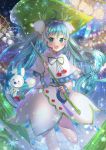  1girl aqua_eyes aqua_hair blush capelet cherry commentary dress english_commentary flower food frilled_capelet frills fruit hair_flower hair_ornament hatsune_miku headset highres holding holding_leaf leaf leaf_umbrella long_hair looking_at_viewer narami night night_sky rabbit rainbow sky snowbell_(flower) snowflake_print snowflakes twintails upper_body very_long_hair vocaloid white_dress yuki_miku yukine_(vocaloid) 