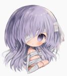 1girl :o bandage bandage_over_one_eye bandaged_arm bandaged_leg bandages bare_shoulders blush breasts chibi cleavage cottontailtokki fate/grand_order fate_(series) full_body grey_background hand_up head_tilt highres kingprotea long_hair looking_at_viewer moss parted_lips purple_hair simple_background sitting small_breasts solo very_long_hair violet_eyes wariza 